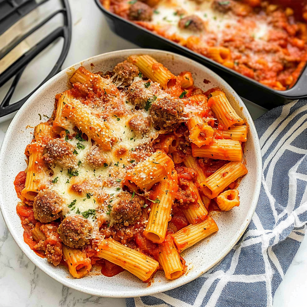 Recipe preparation for Cheesy Meatball Pasta Bake