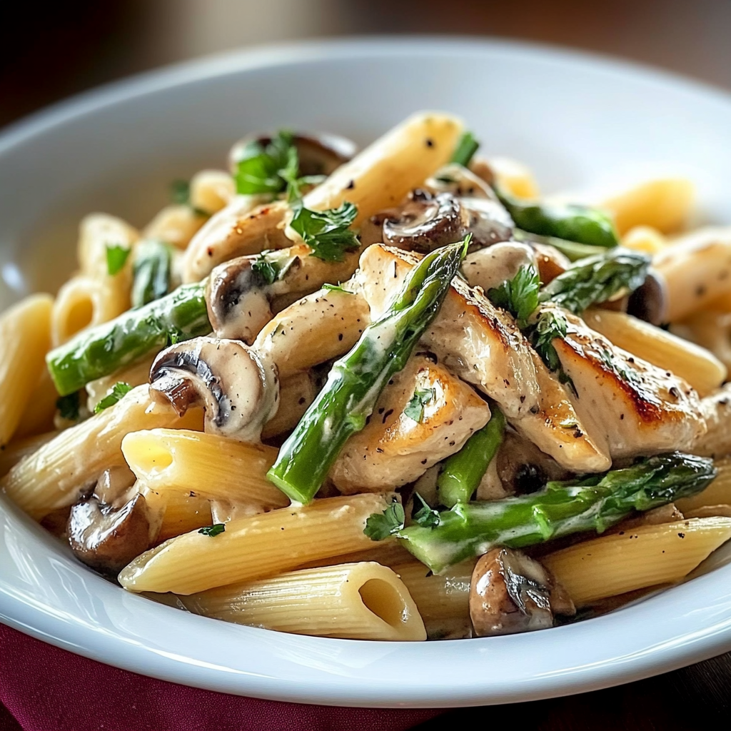 Recipe preparation for Mushroom Asparagus Chicken Penne