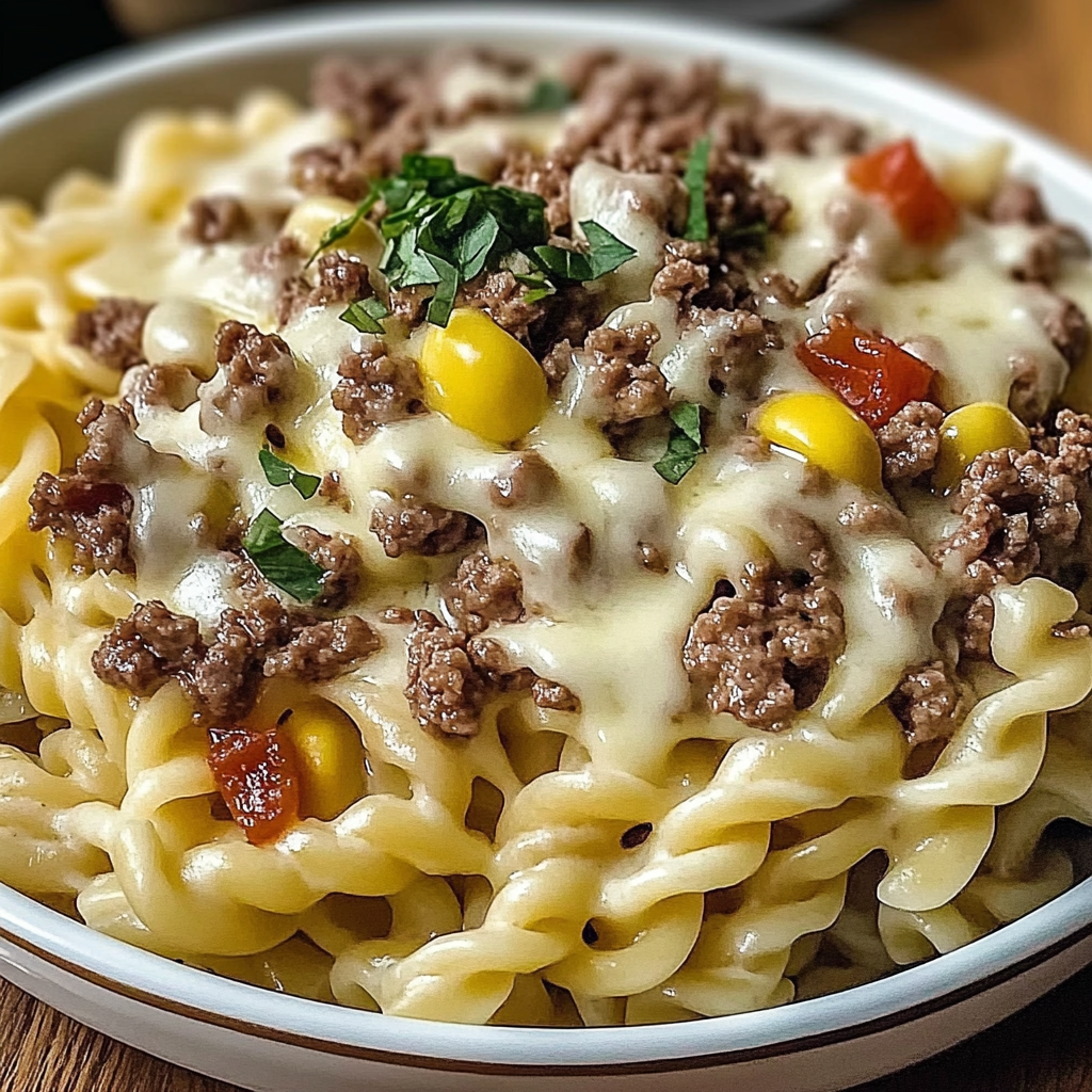 Recipe preparation for Cheeseburger Alfredo Pasta