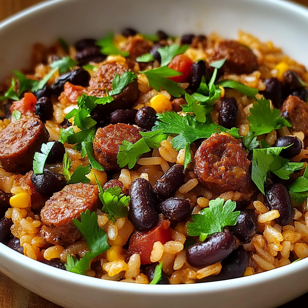 Recipe preparation for Black Beans and Rice with Sausage