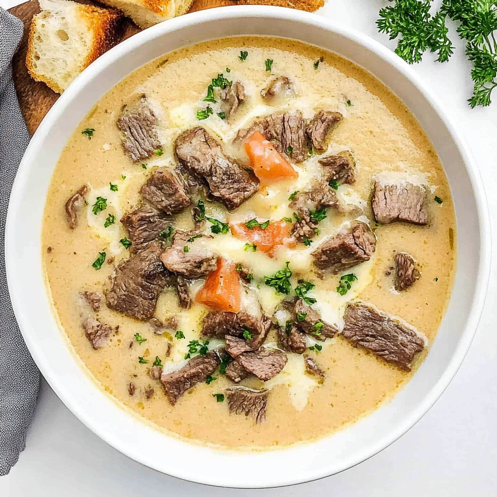 Recipe preparation for Creamy Philly Cheese Steak Soup