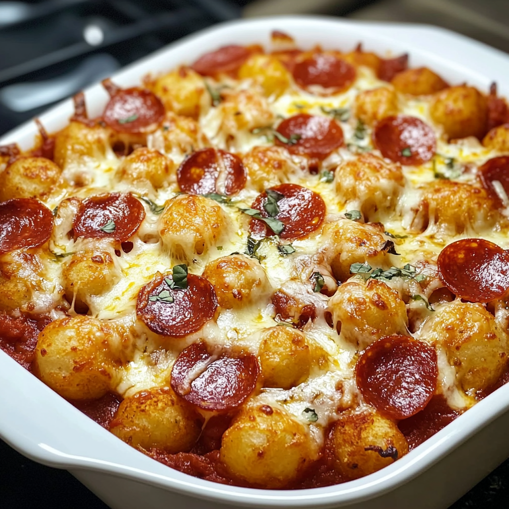Recipe preparation for Pepperoni Pizza Tater Tot Casserole