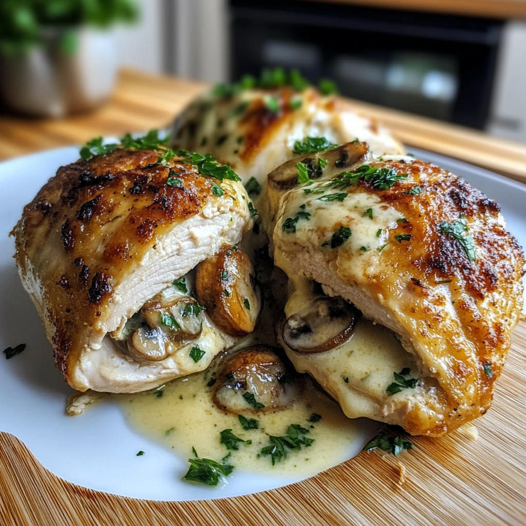Recipe preparation for Cheesy Garlic Butter Mushroom Stuffed Chicken