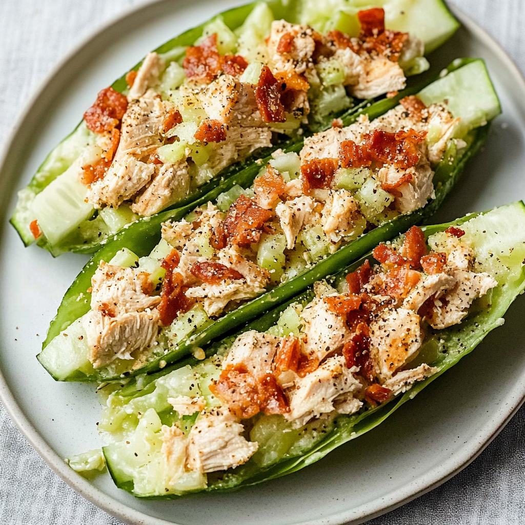 Recipe preparation for Bacon Ranch Chicken Salad Cucumber Boats