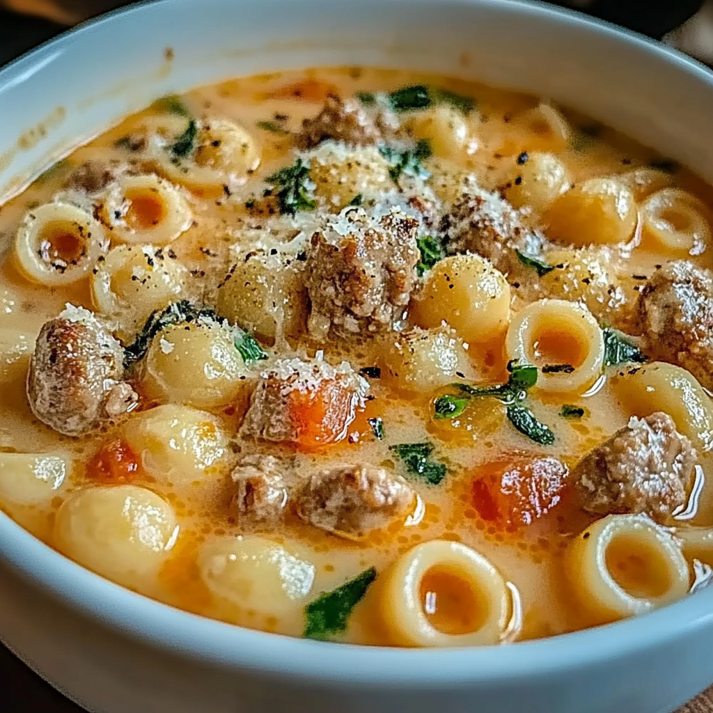 Recipe preparation for Creamy Parmesan Italian Sausage Ditalini Soup