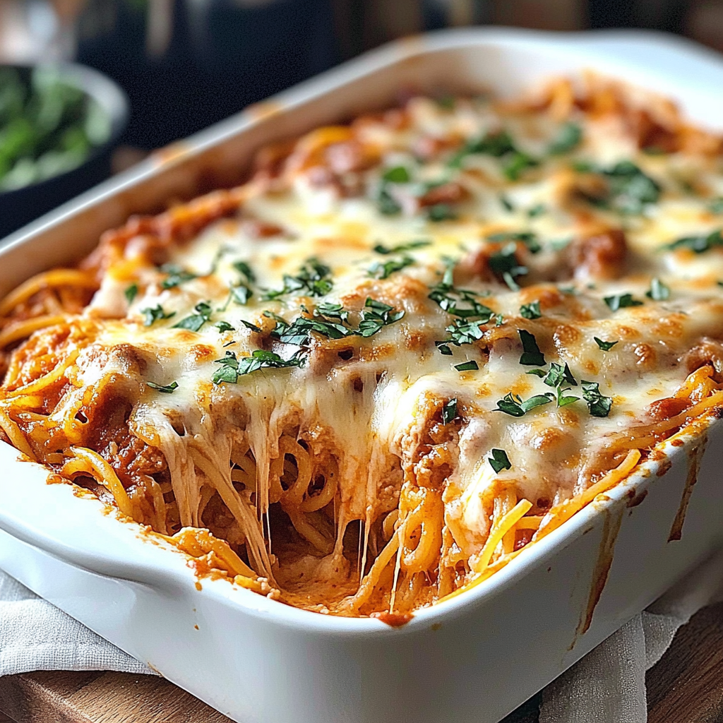 Recipe preparation for Baked Cream Cheese Spaghetti Casserole