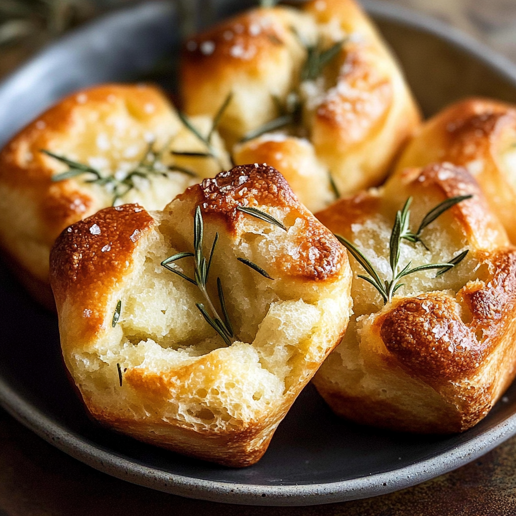 Recipe preparation for golden crust garlic rosemary focaccia muffins
