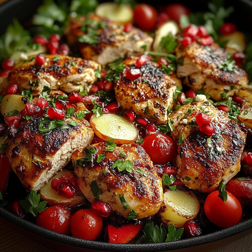 Recipe preparation for One-Pan Chicken Feta Pomegranate