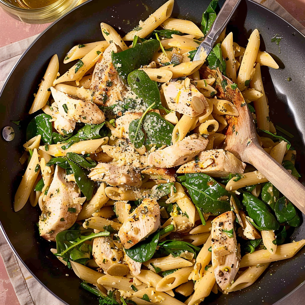 Recipe preparation for Chicken & Spinach Skillet Pasta with Lemon & Parmesan