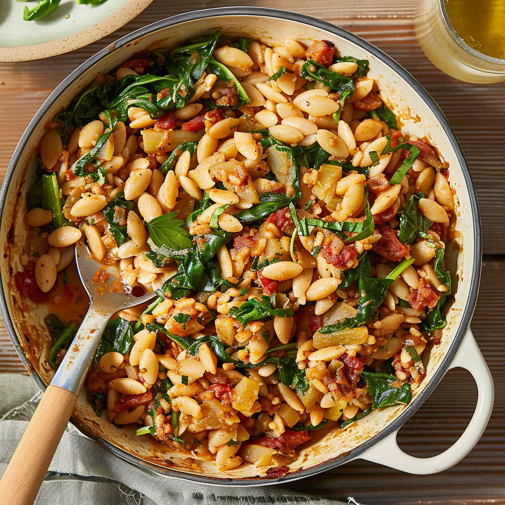 Recipe preparation for One-Pot White Bean, Spinach & Sun-Dried Tomato Orzo