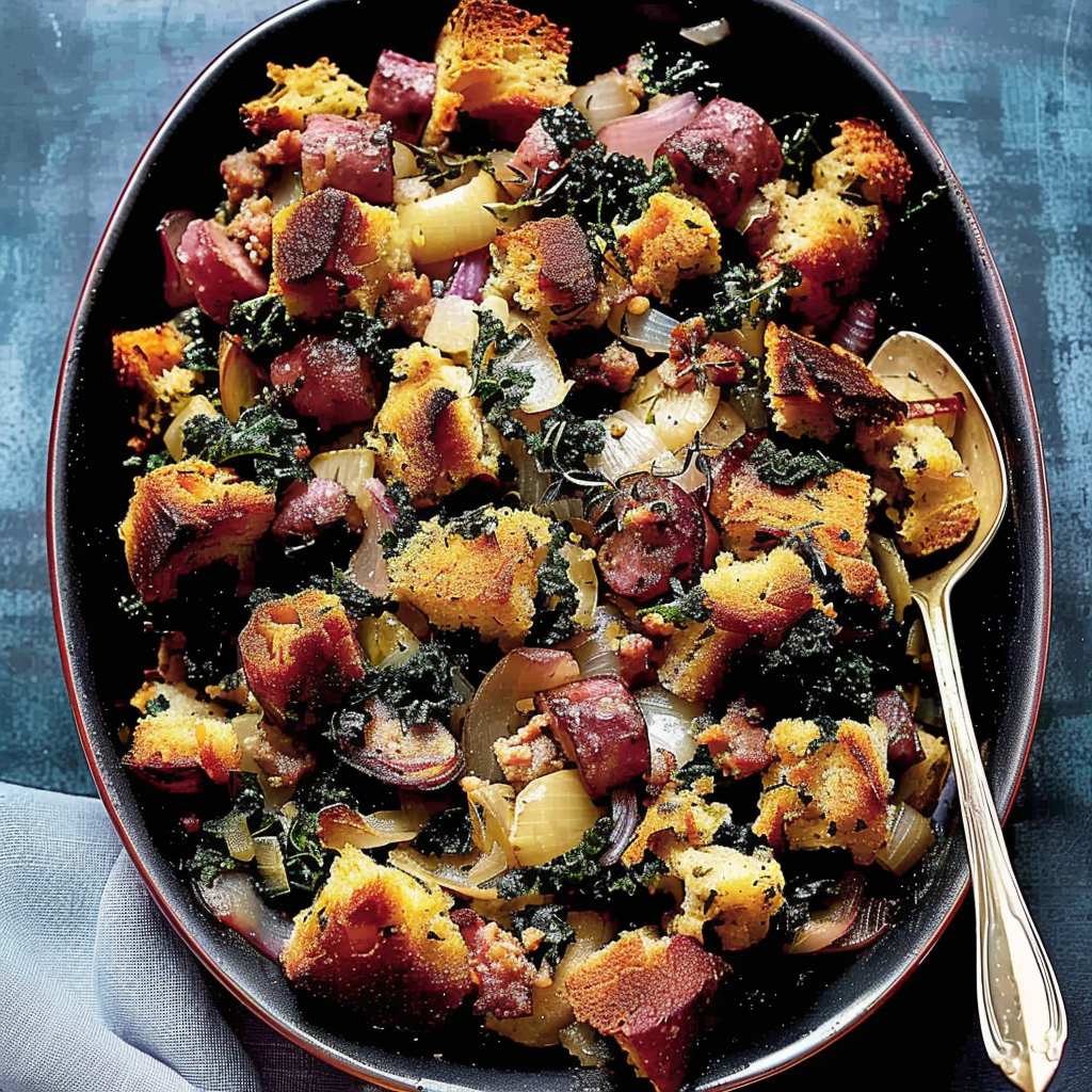 Recipe preparation for Sourdough Stuffing with Sausage, Apple & Kale