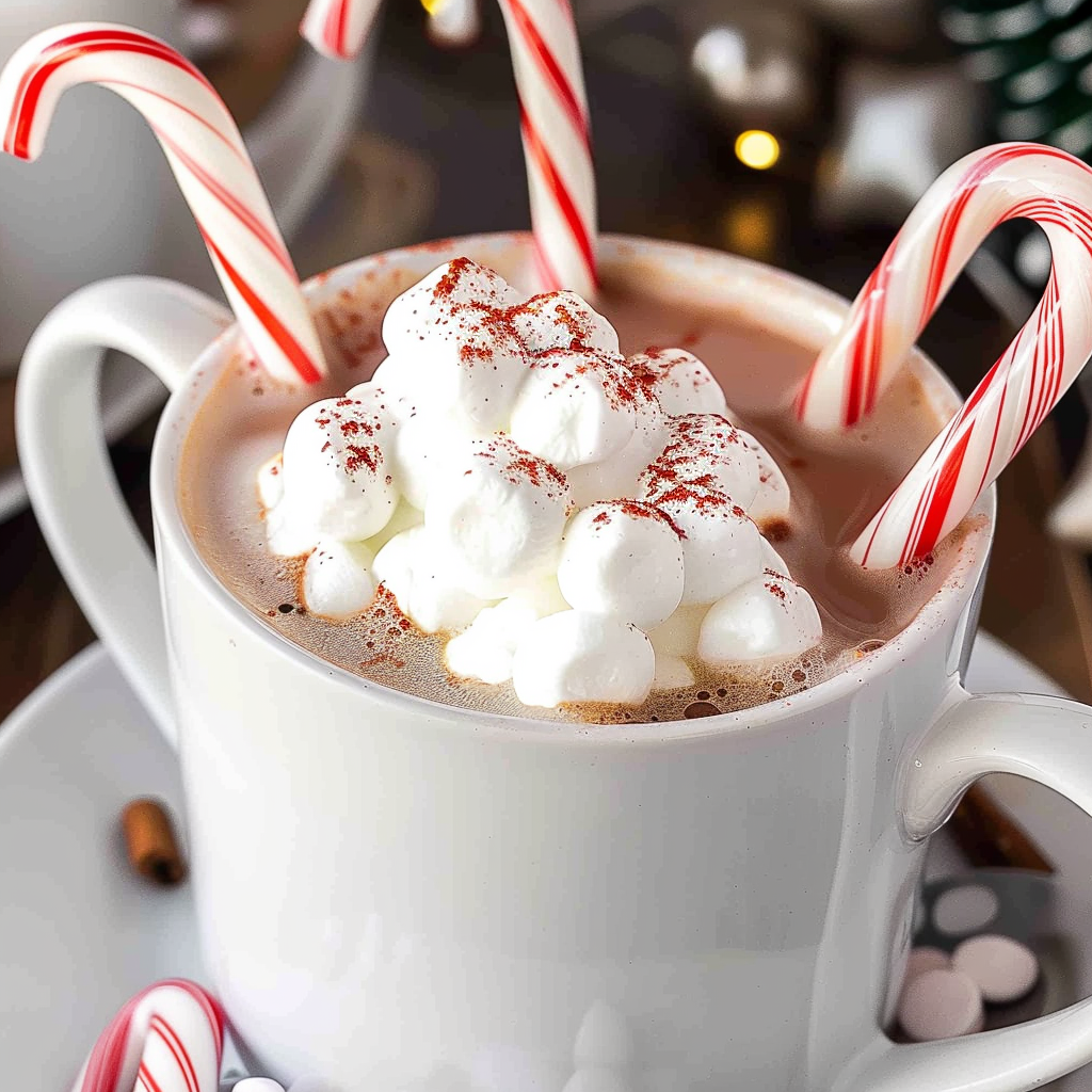 Recipe preparation for Peppermint Hot Chocolate with Whipped Cream & Candy Canes
