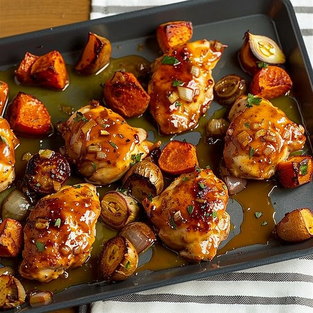 Recipe preparation for Maple-Glazed Sheet Pan Chicken & Sweet Potatoes