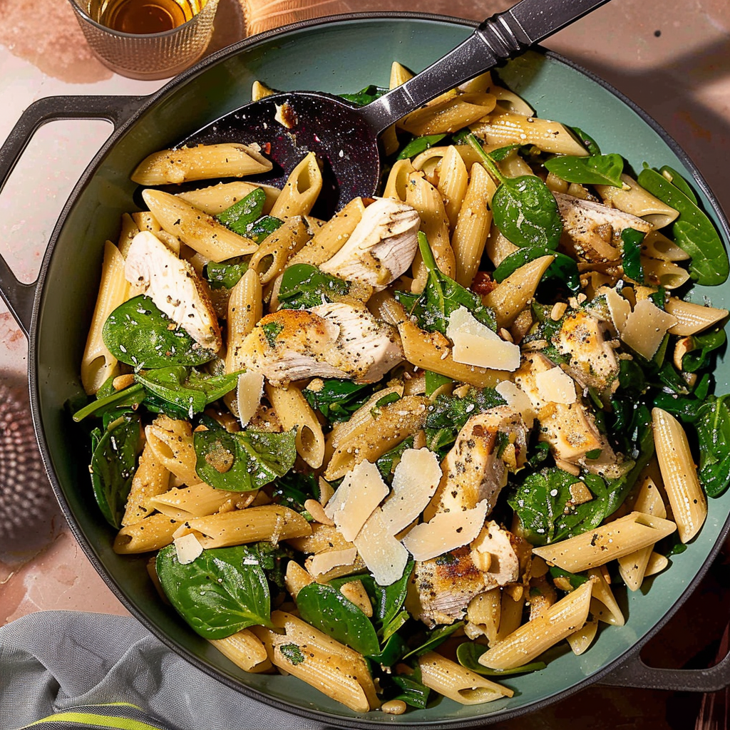 Recipe preparation for One-Pot Lemon Garlic Pasta with Spinach & Chicken