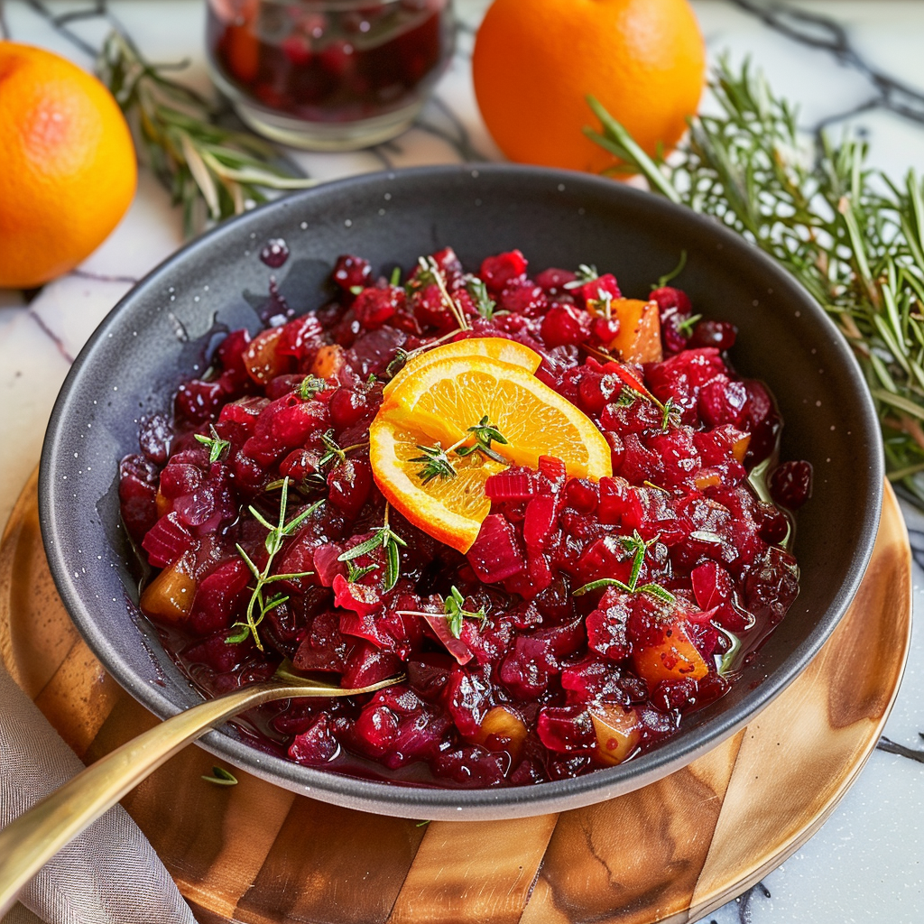Recipe preparation for Cranberry Orange Sauce with Fresh Herbs
