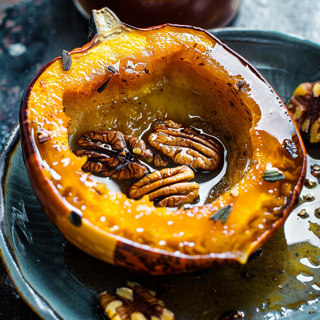 Recipe preparation for Maple Roasted Acorn Squash with Sage & Pecans