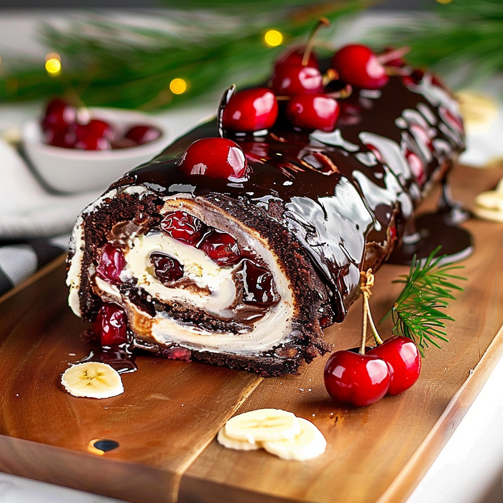 Recipe preparation for Cherry Almond Yule Log with Ganache
