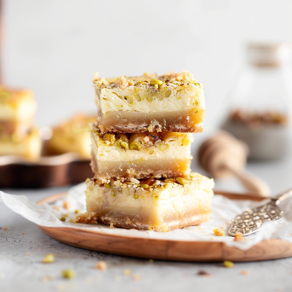 Recipe preparation for Tahini Honey Baklava Cheesecake Bars