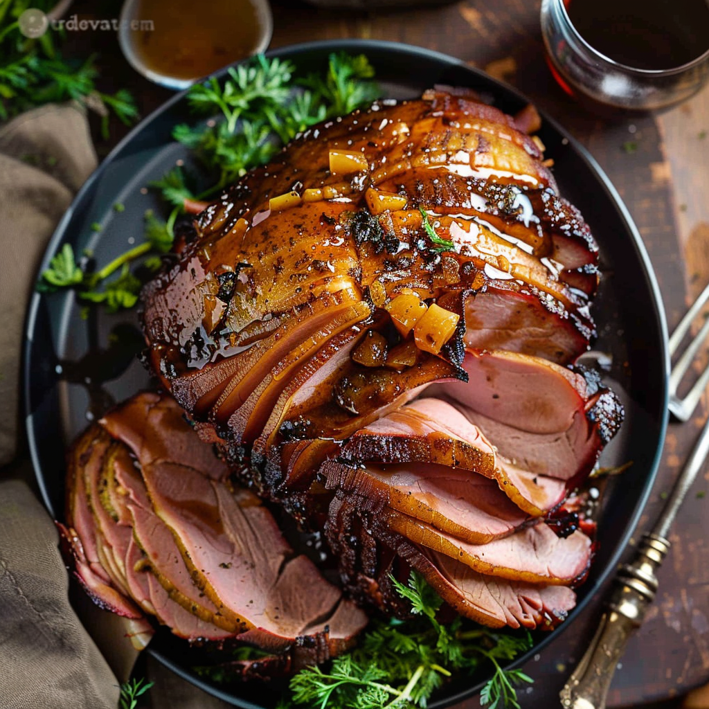 Recipe preparation for Maple-bourbon glazed ham with pineapple