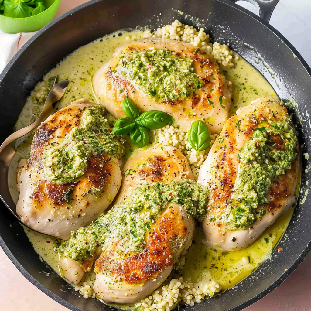 Recipe preparation for 15-Minute Creamy Pesto Chicken Skillet