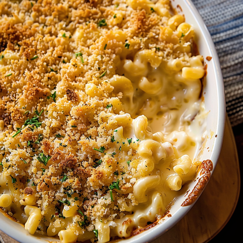 Recipe preparation for Cheesy Baked Macaroni with Garlic Herb Crumble