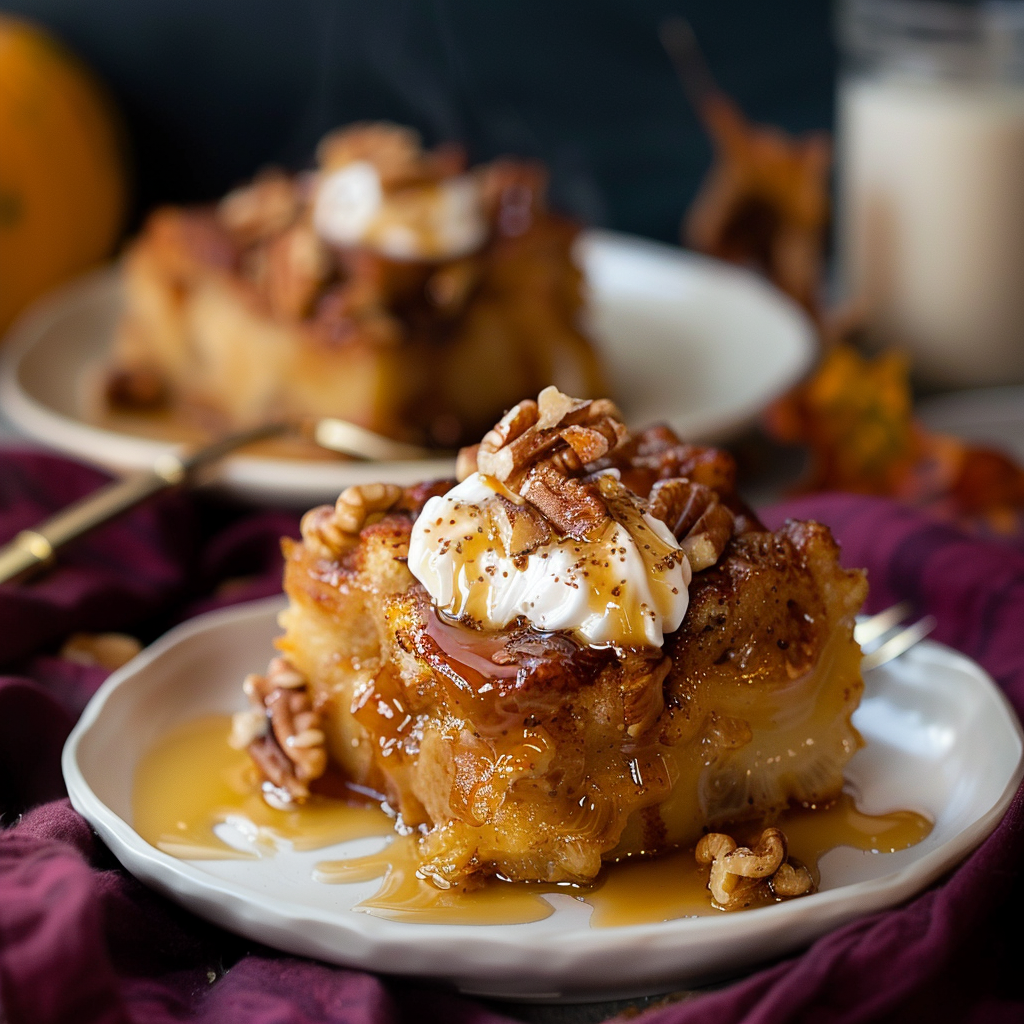 Recipe preparation for Cinnamon Pecan Pumpkin Bread Pudding