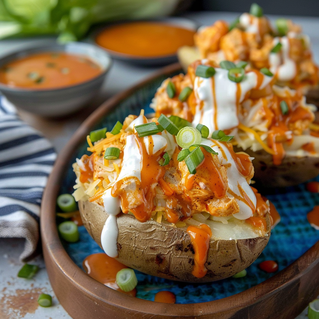 Recipe preparation for Cheesy Buffalo Chicken Stuffed Potatoes