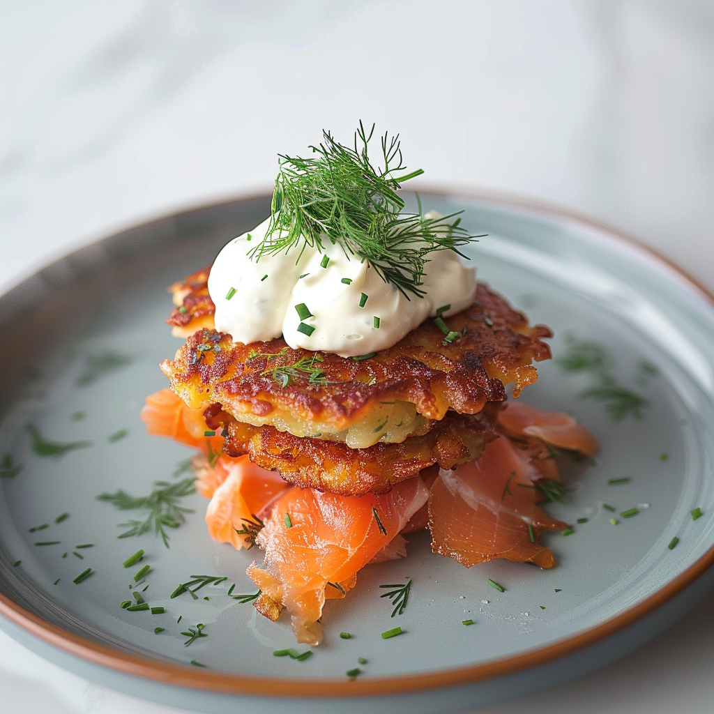 Recipe preparation for Potato Latkes with Smoked Salmon and Crème Fraîche