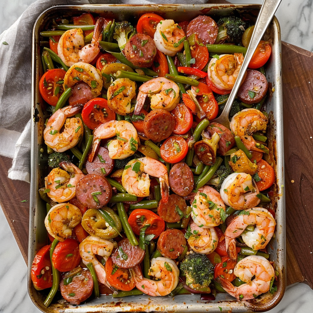Recipe preparation for Sheet Pan Shrimp and Sausage with Cajun Seasoning