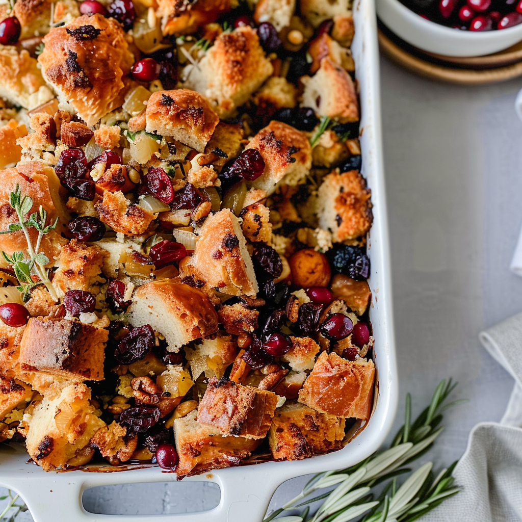 Recipe preparation for Savory Herb Stuffing with Dried Cranberries