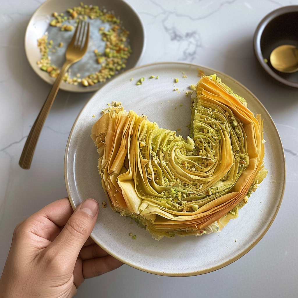 Recipe preparation for Pistachio Rosewater Baklava Cheesecake