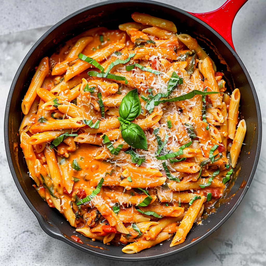 Recipe preparation for One-Pot Creamy Tomato Basil Pasta