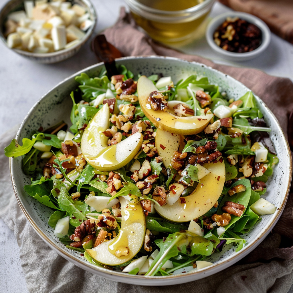 Recipe preparation for Pear, Arugula & Maple-Walnut Autumn Salad