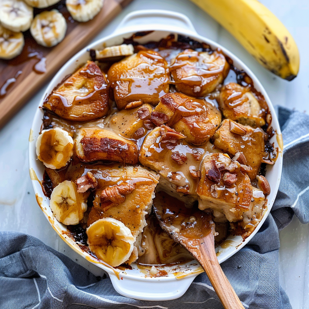 Recipe preparation for Caramelized Banana Bread Pudding Squares