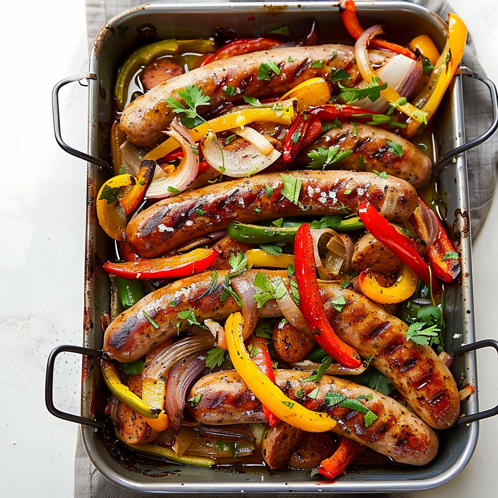 Recipe preparation for Sheet-Pan Sausage, Bell Pepper & Onion Dinner