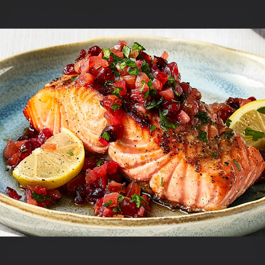 Recipe preparation for Gingerbread-Spiced Salmon with Cranberry Relish
