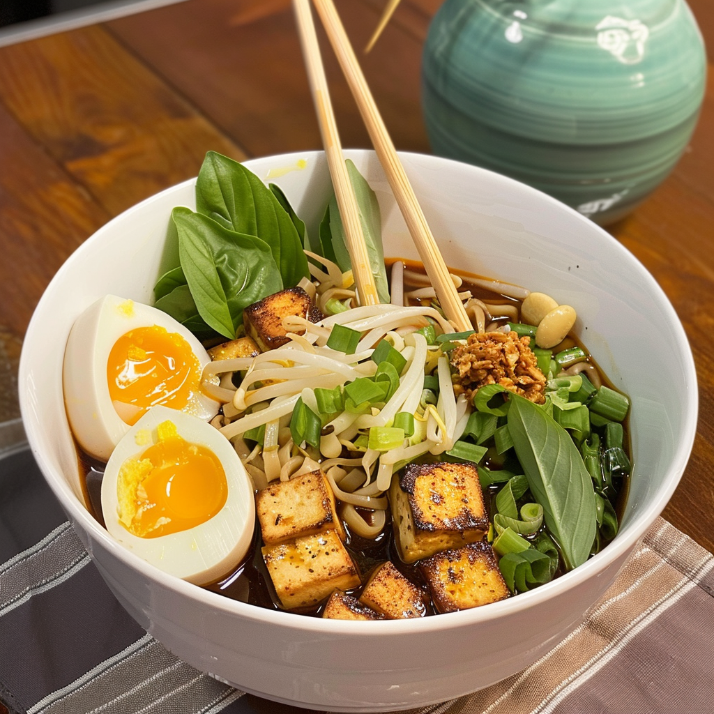 Recipe preparation for Smoked Tofu & Black Garlic Ramen Bowl
