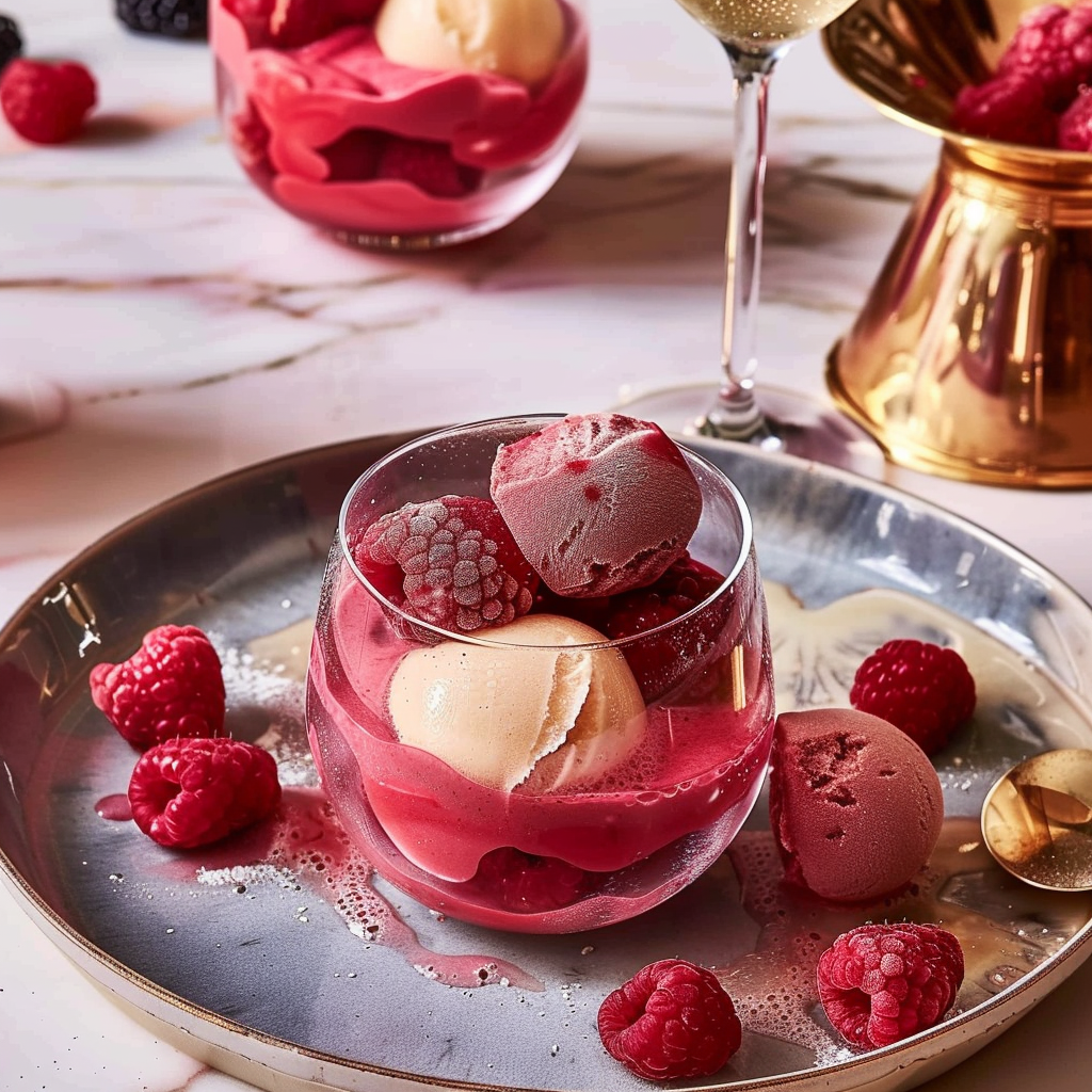 Recipe preparation for Champagne & Raspberry Sorbet Floats