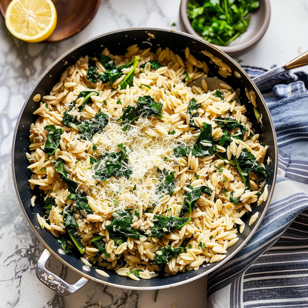 Recipe preparation for Creamy Lemon Spinach Orzo (One Pan)