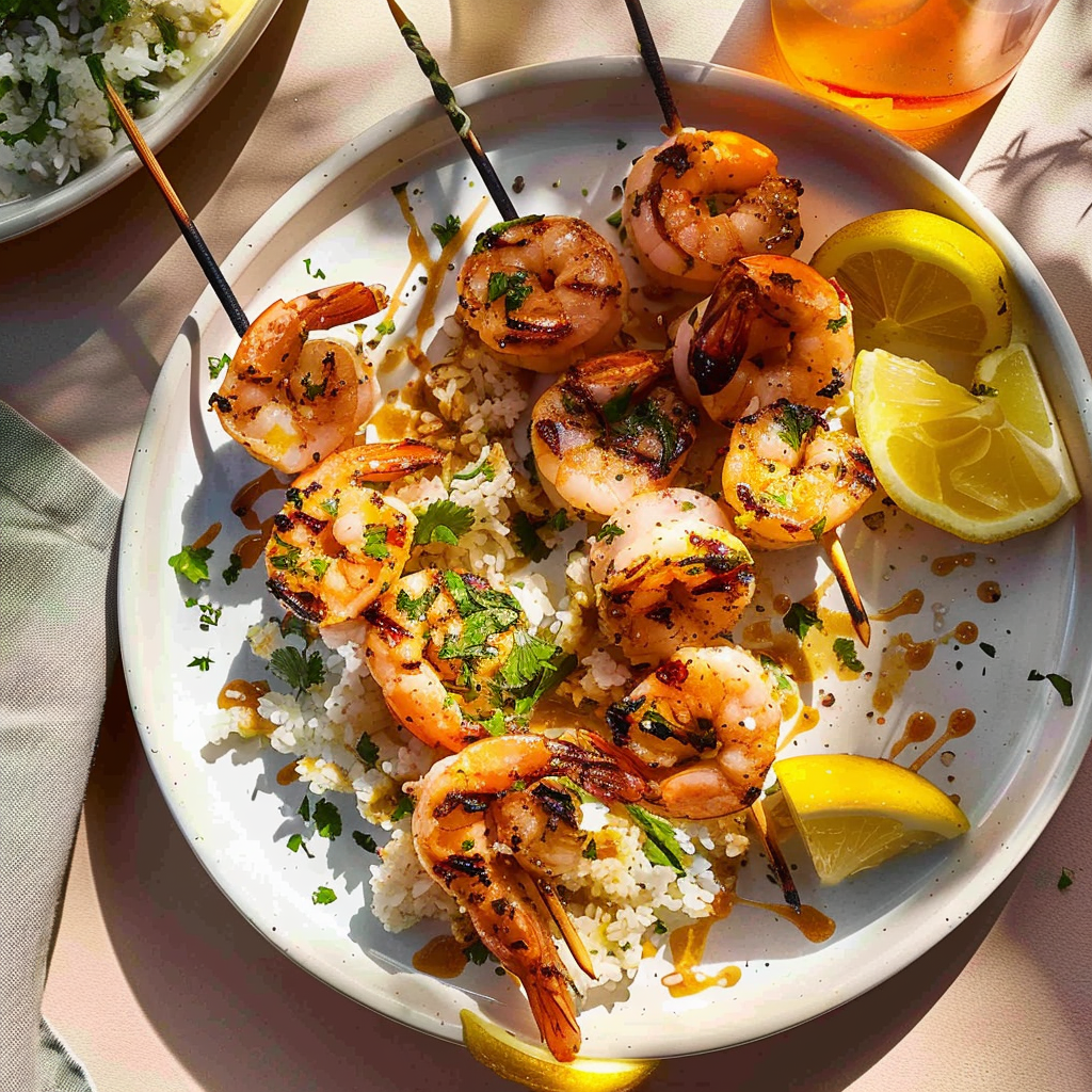 Recipe preparation for Champagne Citrus Glazed Shrimp Skewers
