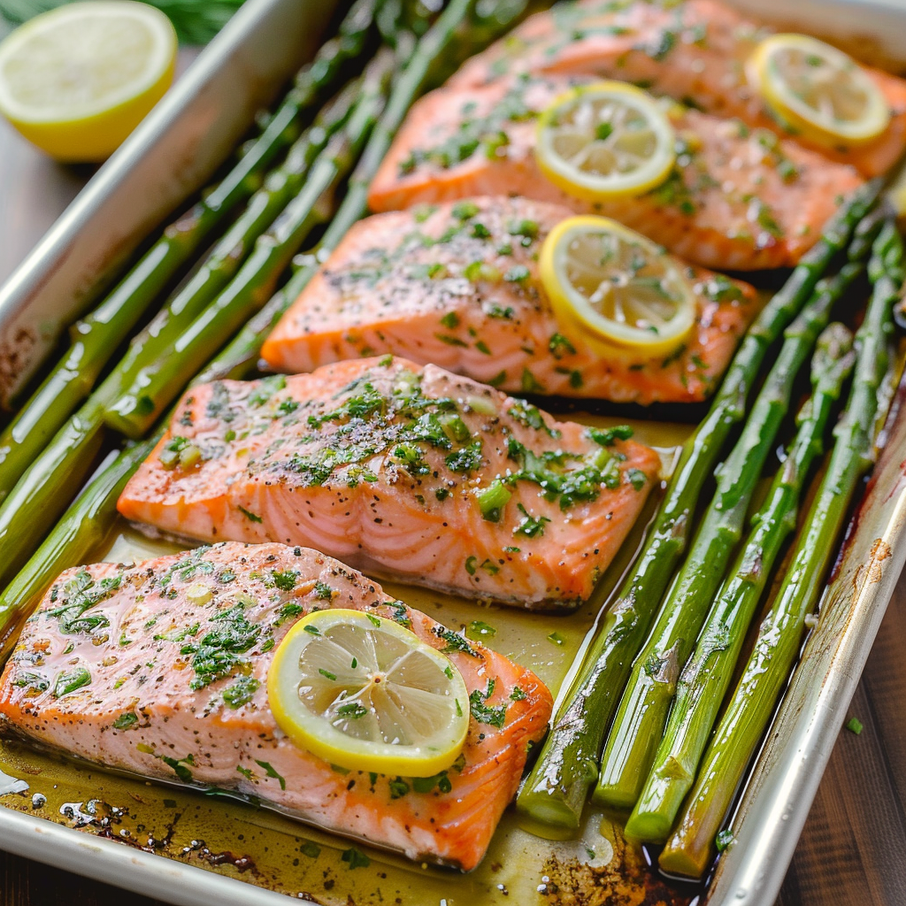 Recipe preparation for Sheet Pan Lemon-Herb Salmon with Asparagus