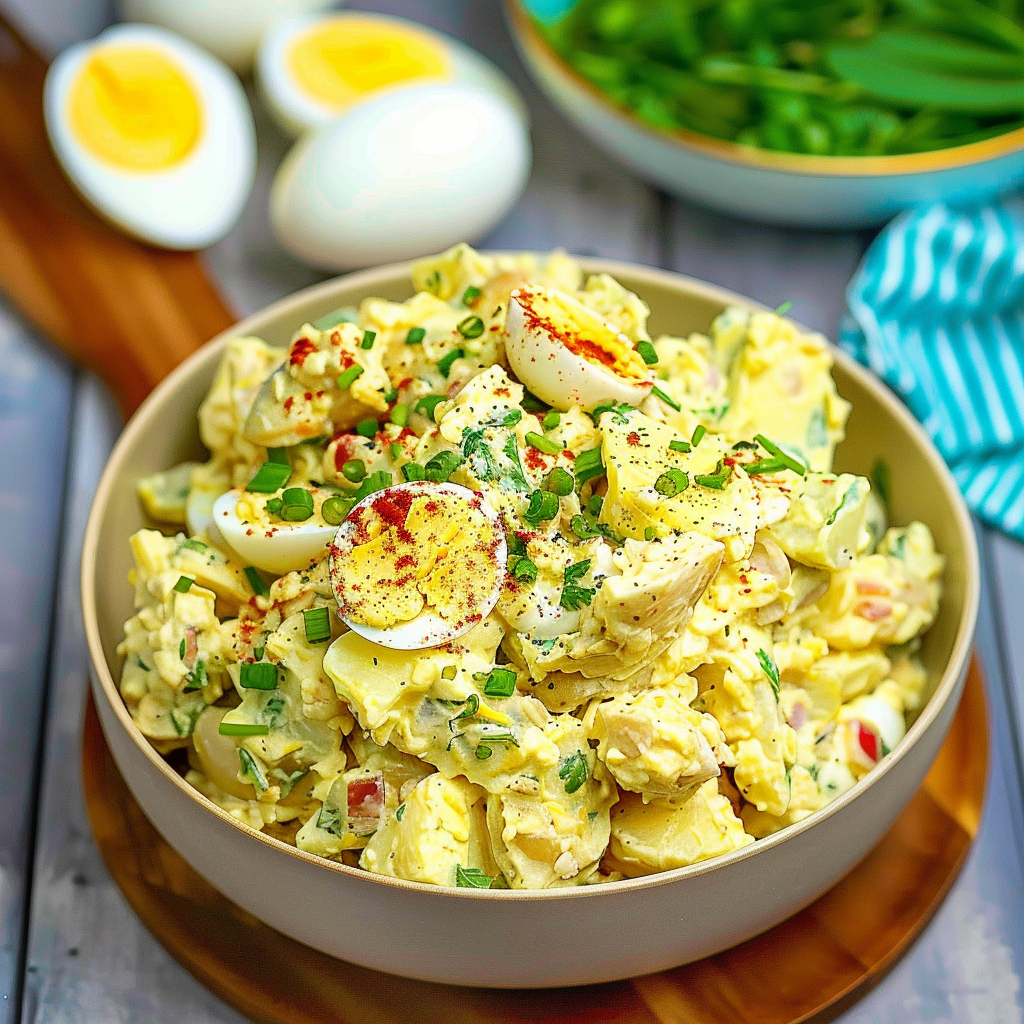 Recipe preparation for Creamy Potato Salad with Hard-Boiled Eggs and Fresh Herbs