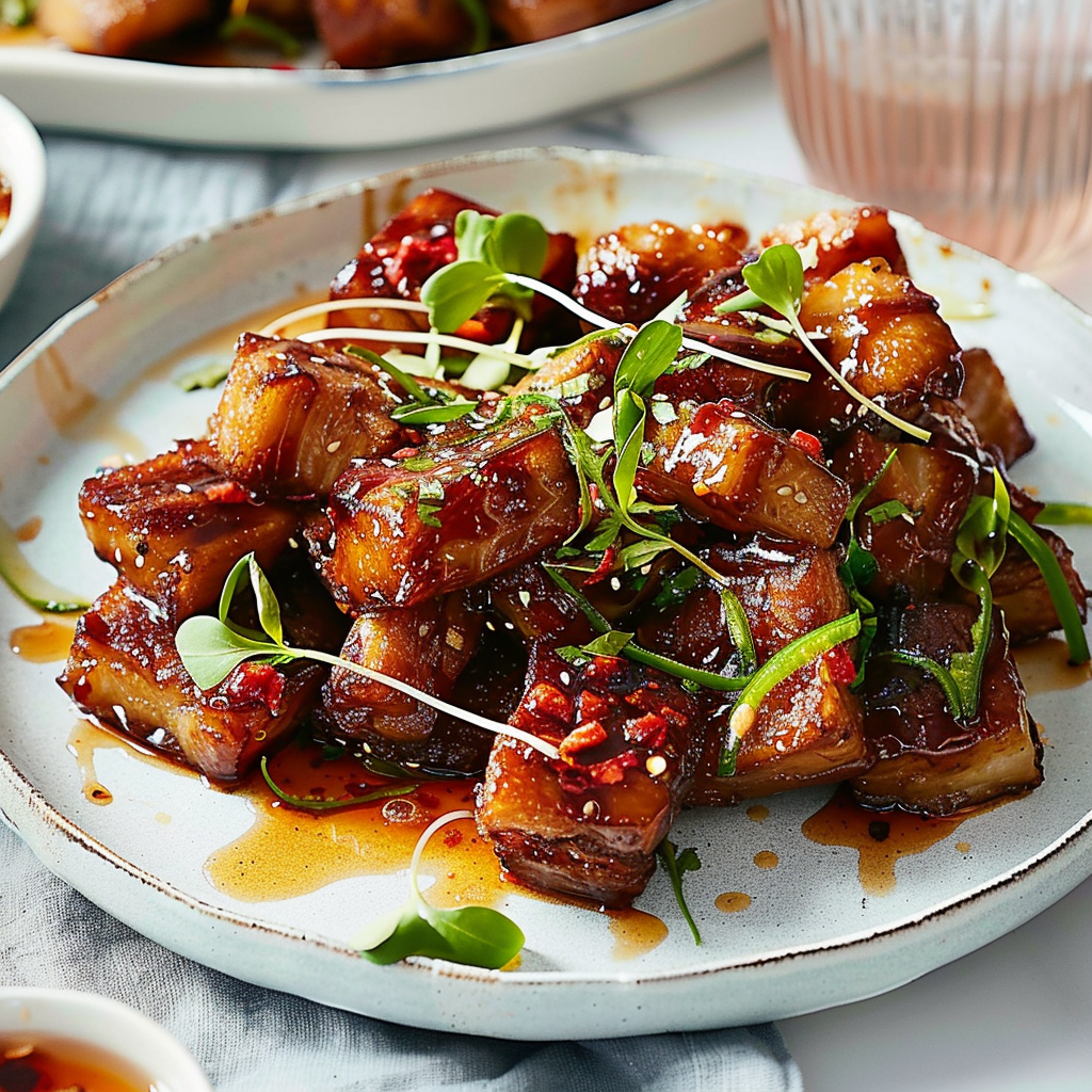 Recipe preparation for Crispy Pork Belly Bites with Chili Caramel