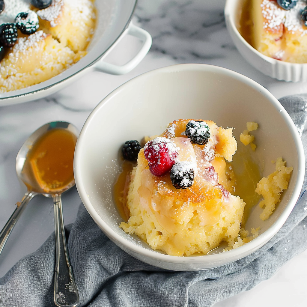 Recipe preparation for Soft Vanilla Pudding Cake with Warm Sauce