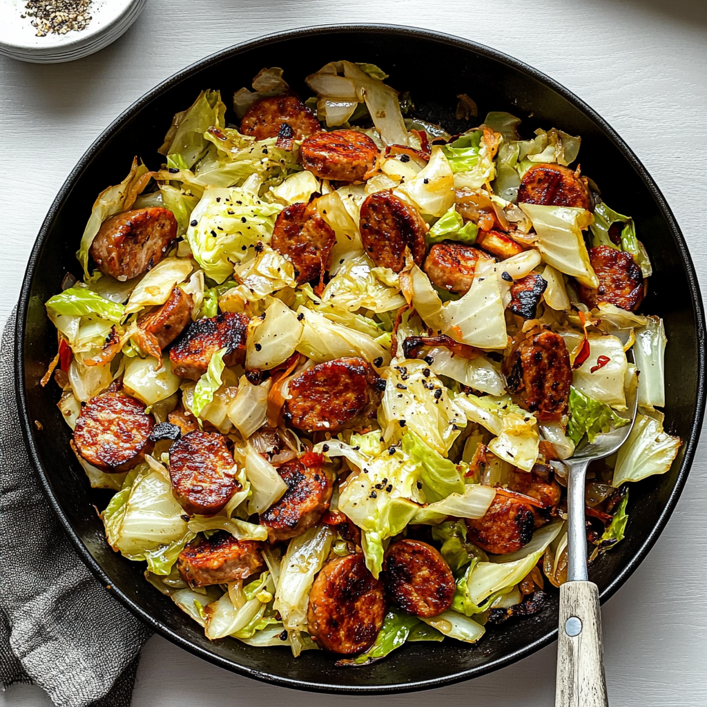 Recipe preparation for One-Pan Garlic Sausage and Cabbage Stir-Fry