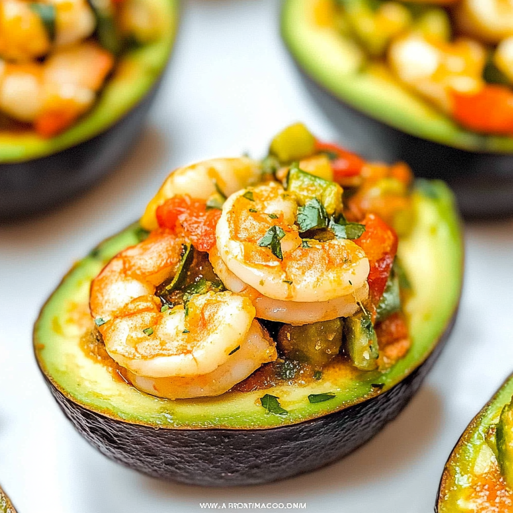 Recipe preparation for Baked Avocado Cups with Garlic Prawn Filling