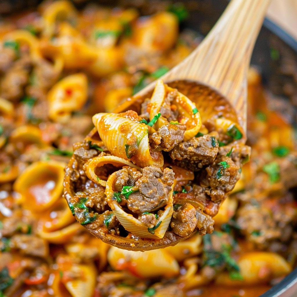 Recipe preparation for 15-Min Creamy Garlic Beef & Spinach Shells