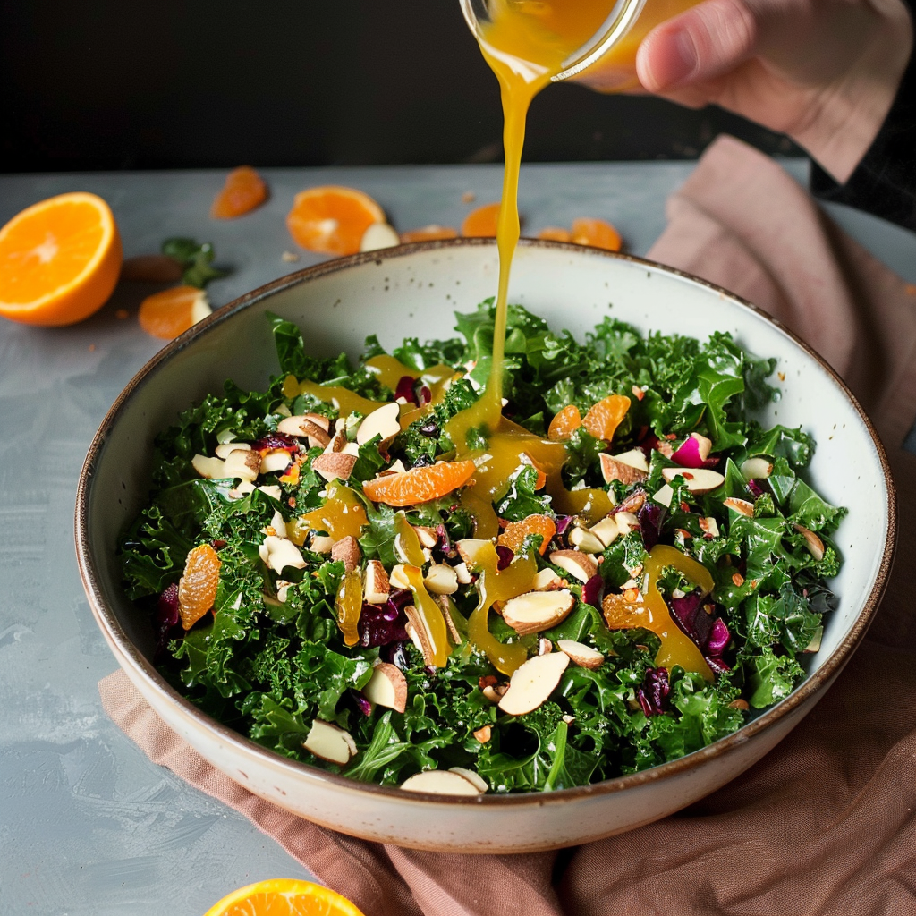 Recipe preparation for Winter Kale Salad with Orange Ginger Dressing