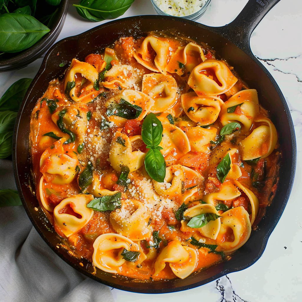 Recipe preparation for Creamy Tomato Basil Skillet Tortellini