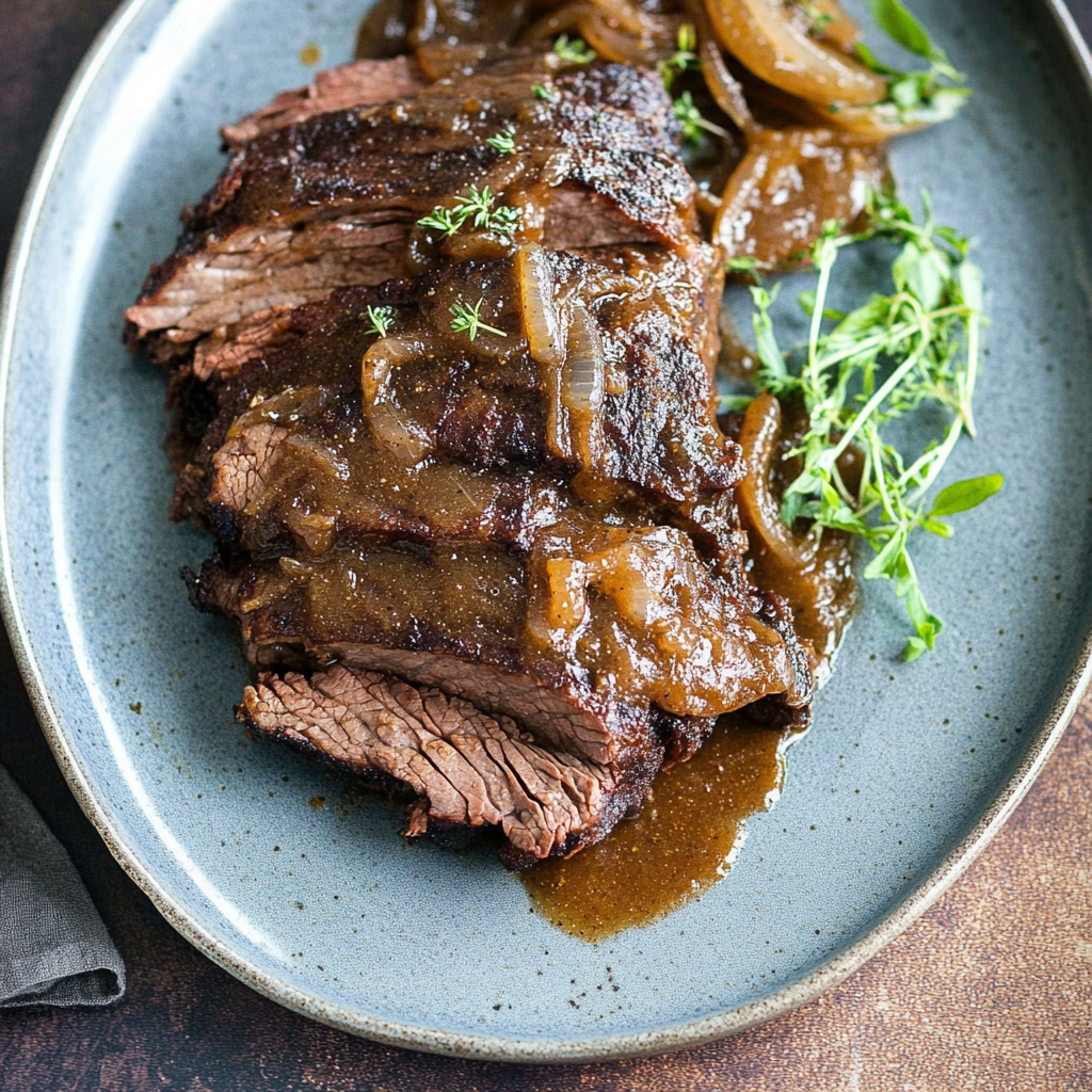 Recipe preparation for Oven-Roasted Beef Brisket with Onion Jus